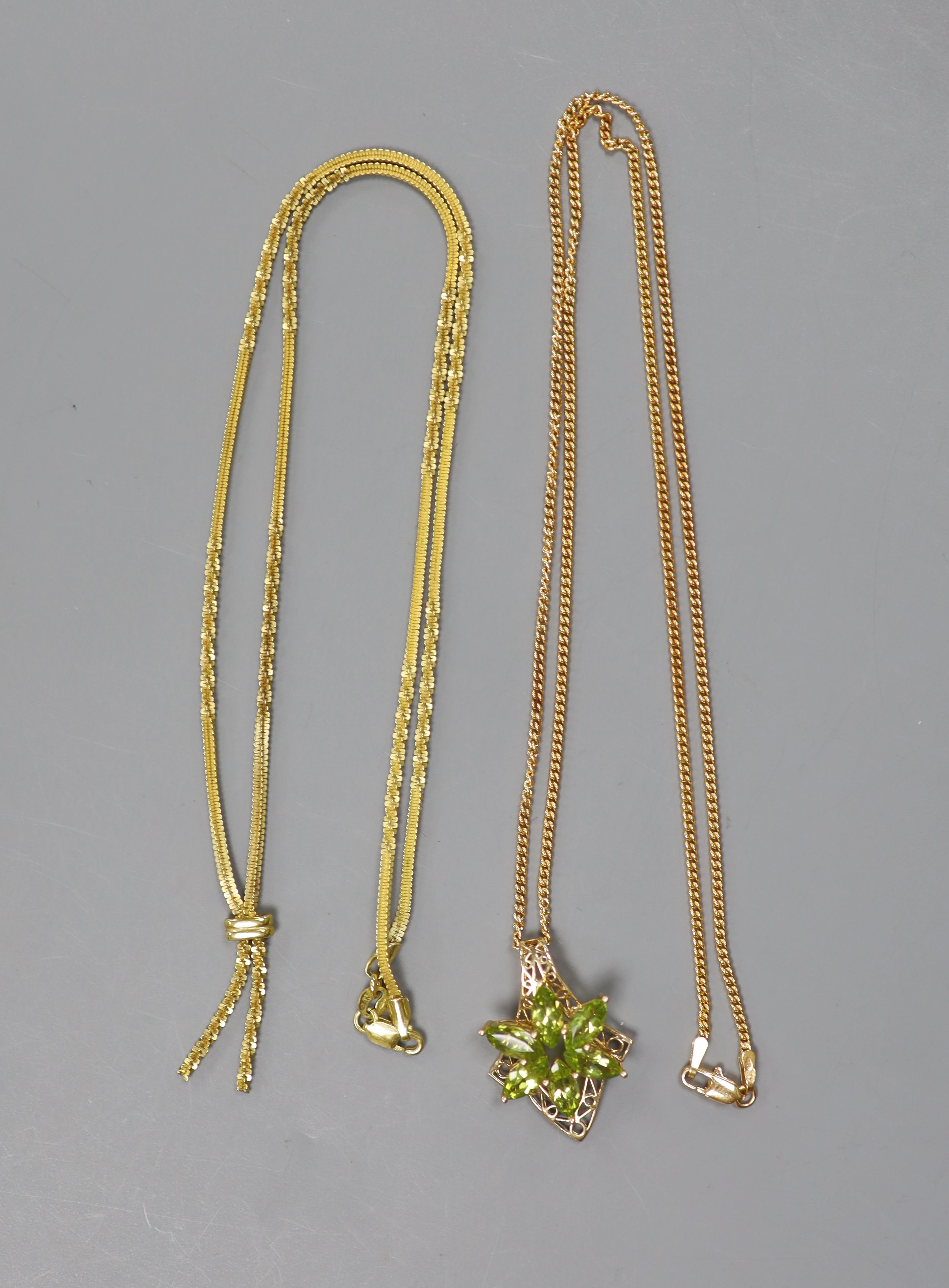 An Italian 9ct gold necklace and a 9ct gold and peridot-set necklace